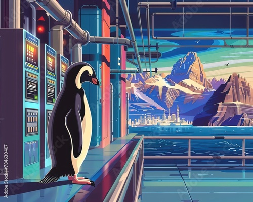A penguinheaded scientist waddles through a climate control chamber, his cool composure seen in professional closeup
