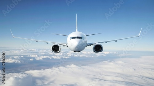 jet airliner cruising at high altitude with a clear blue sky and cotton-like clouds for travel backdrop