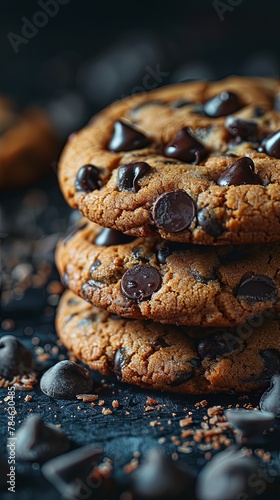 A close up of a stack of three chocolate chip cookies.