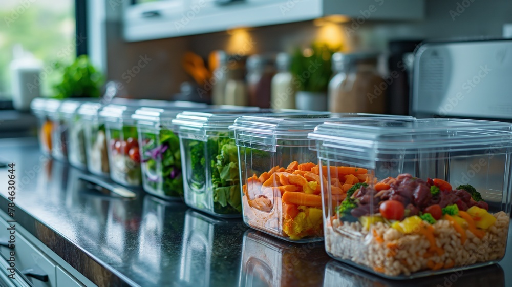Meal prep containers with fresh ingredients for healthy eating, arrayed on a contemporary kitchen counter, concept of nutrition and lifestyle balance Meal prep containers with fresh ingredients for healthy eating, arrayed on a contemporary kitchen counter, concept of nutrition and lifestyle balance