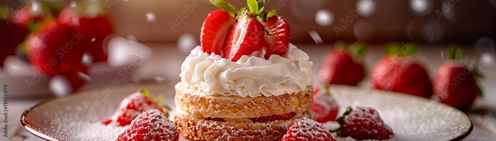 A close up of a strawberry cake with whipped cream and strawberries on top. A close up of a strawberry cake with whipped cream and strawberries on top.