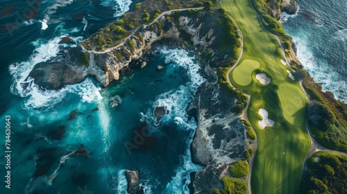 An aerial shot of a spectacular golf course nestled by the sea, the waves crashing against the cliffs adding to the course's majestic beauty. © Sasint