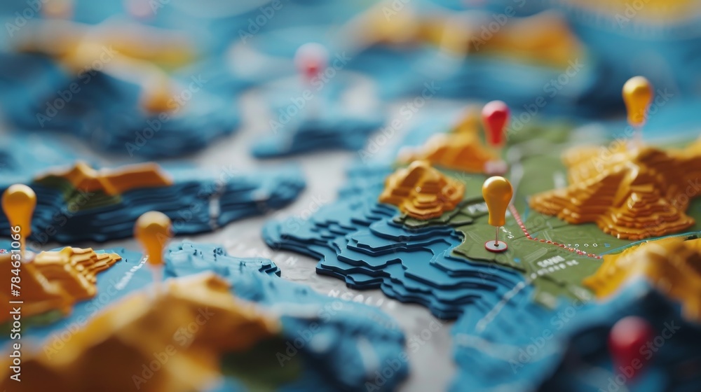 Business Location: A 3D vector illustration of a map with pins indicating the locations