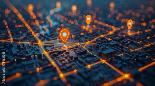Business Location: A 3D vector illustration of a map with dynamic pins