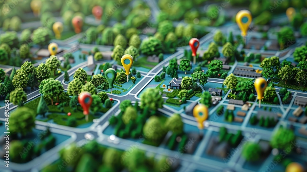 Community Mapping: A 3D vector illustration of a map with pins Community Mapping: A 3D vector illustration of a map with pins
