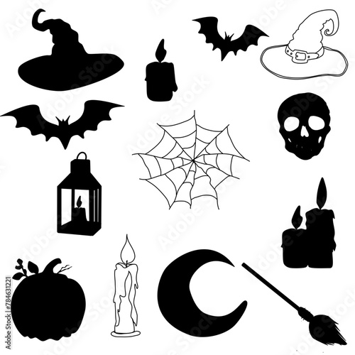 Witches, witch hat, bat, spider web, pumpkin, lantern, candle, broom, skull, silhouette, halloween vector graphics, magic, witchcraft - ideal for cricut, sublimation, , tag, sticker, party,