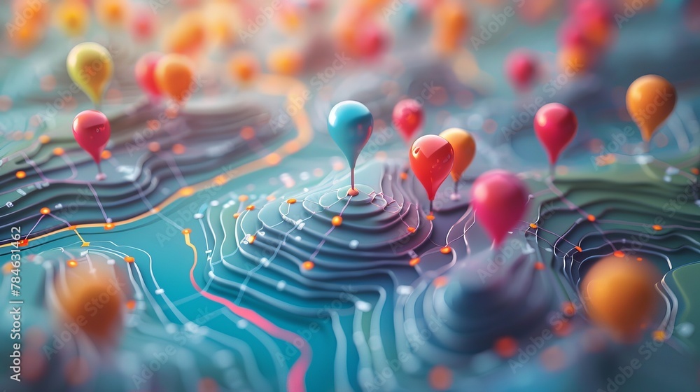 Customer Mapping: A 3D vector illustration of a map with pins for customer mapping Customer Mapping: A 3D vector illustration of a map with pins for customer mapping