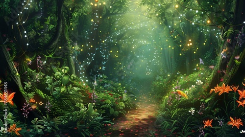 Enchanting Twilight in a Lush Magical Forest with Fireflies photo