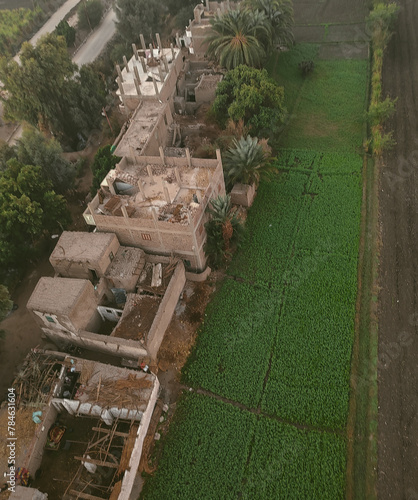 view  from a hot air balloon of the fertile Nile Valley and homes on the West Bank as the sun rises
