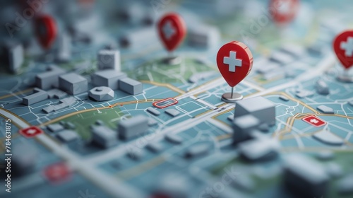 Emergency Response: A 3D vector illustration of a map with pins indicating medical facilities and first aid