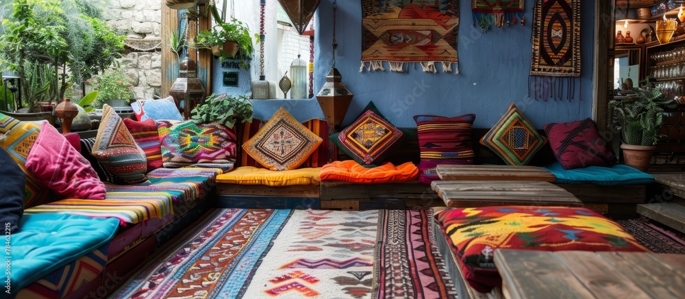 Naklejka premium Colorful cushions and rugs create cozy seating areas for guests in Balkan cafes. 