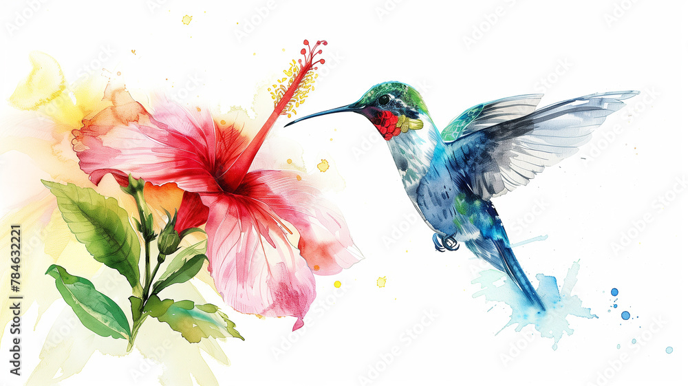 Hummingbird with hibiscus in watercolor.
