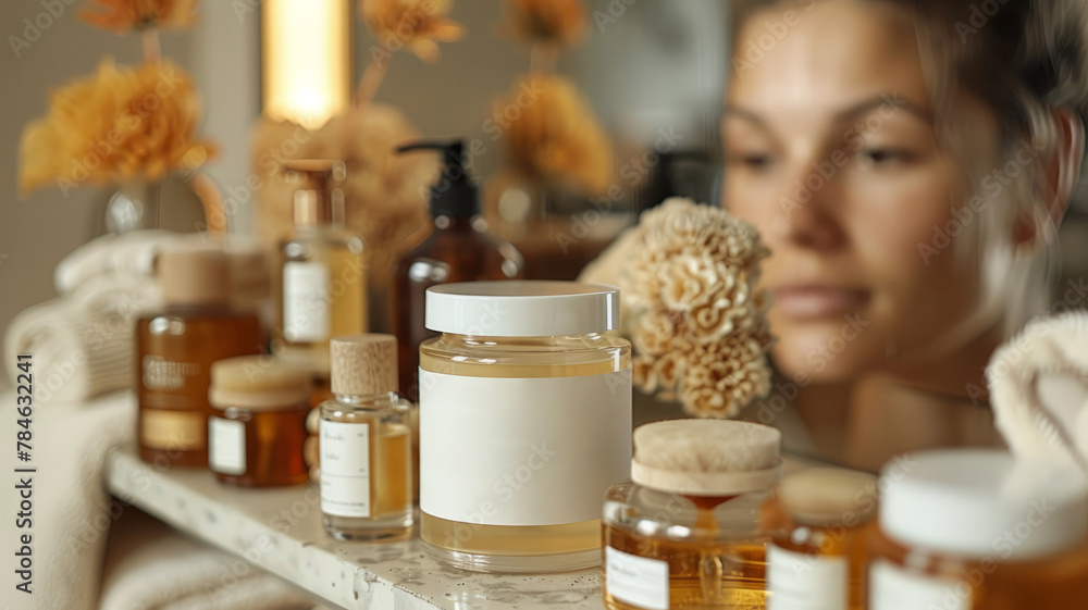 Young woman with skincare products at a spa setting Young woman with skincare products at a spa setting