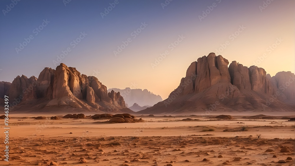 broad perspective shot of a typical rocky mountain in the Saudi Arabian desert, Al Ula, after sunset at golden hour with copyspace area