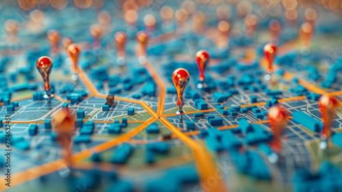 A 3D vector illustration of a city map with pins representing different data layers
