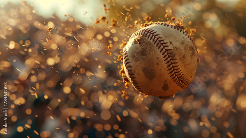 Dirty baseball mid-air with flying dirt.