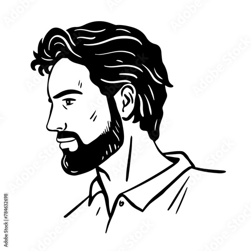 Drawn profile portrait of a young man with beard. Head with trendy modern hairstyle. Beautiful face. Vector isolated art illustration hand drawn. Black and white sketch