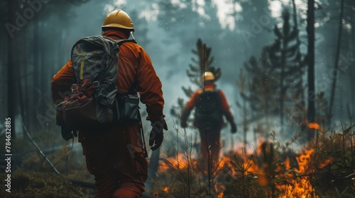 Firefighters navigating through a forest fire, working tirelessly to prevent its spread, showcasing their crucial role in battling natural disasters. photo