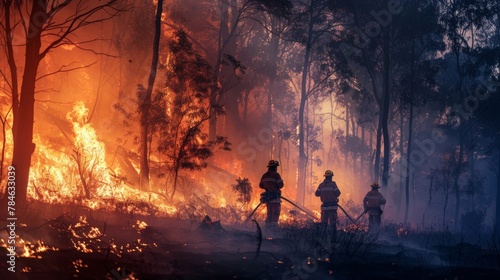 Firefighters navigating through a forest fire, working tirelessly to prevent its spread, showcasing their crucial role in battling natural disasters. photo