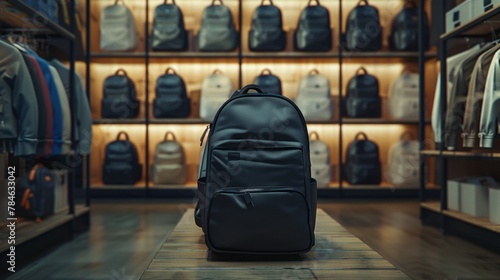 Black backpacks on display in a modern store photo