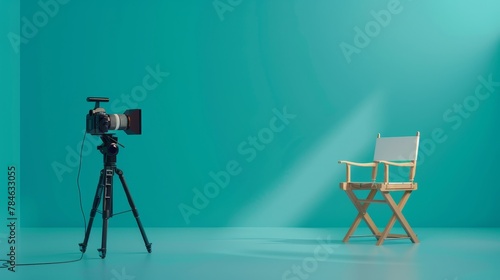 A camera on a tripod is pointed at an empty director's chair in a blue-green room.