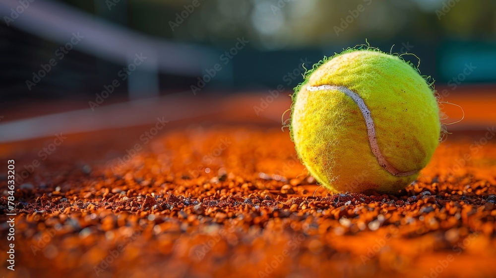 A close up of a bright green tennis ball on a clay court with the net in the background.