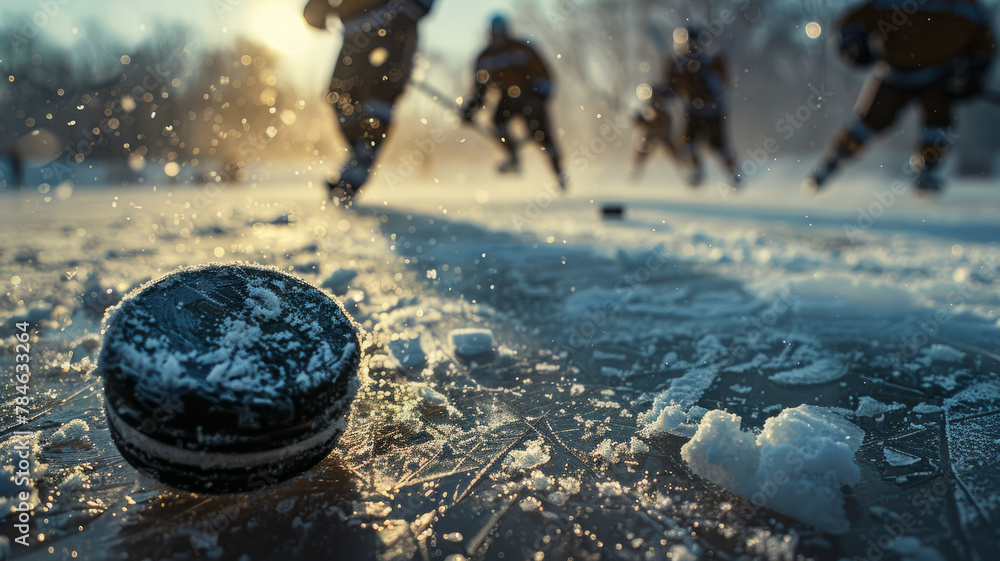 Hockey puck on ice with players in background Hockey puck on ice with players in background