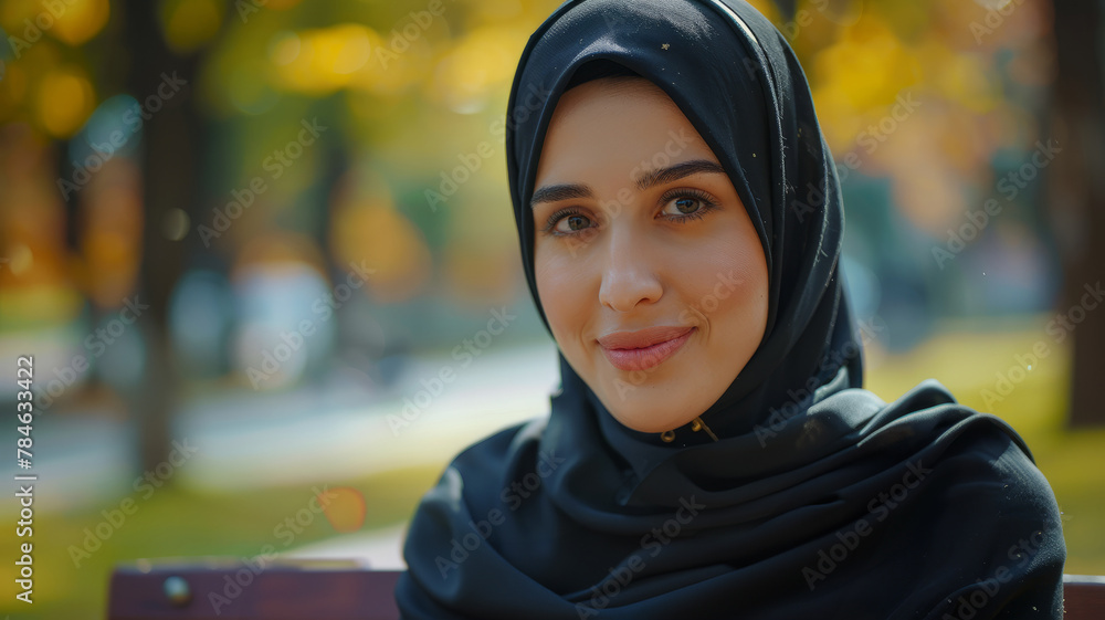 A young woman in a hijab sitting in a park. A young woman in a hijab sitting in a park.
