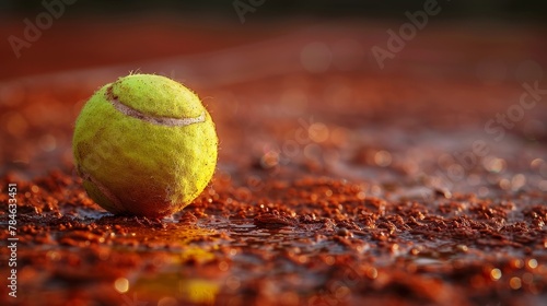 A close up of a wet tennis ball on a clay court photo