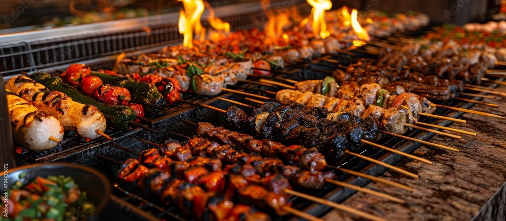 Grilling stations with open flames and skewers showcase the art of Balkan cuisine. 