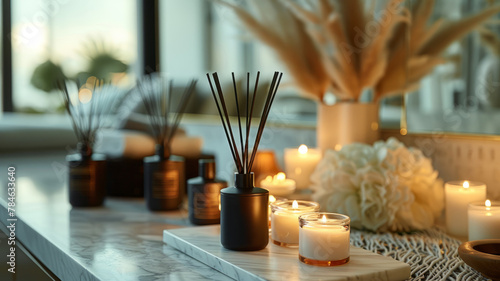Reed diffusers and candles on table photo