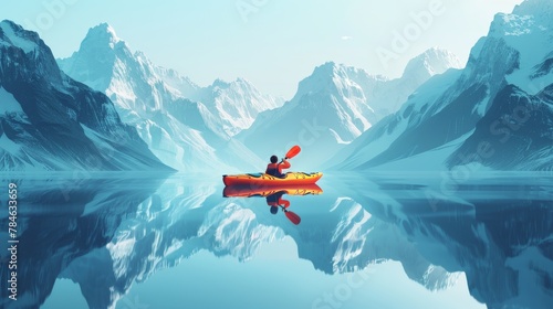 Travel and Exploration: A 3D vector illustration of a traveler kayaking in a tranquil lake