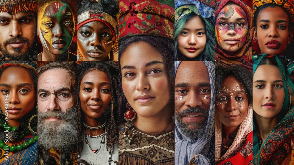 A collage showcases the faces of individuals from various ethnic backgrounds, adorned in cultural attire and makeup, symbolizing global diversity