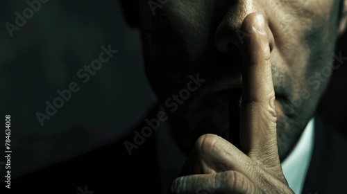 A close view of a mans face, focusing on his hand gesture asking for silence, in a dark setting photo