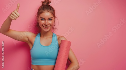 Cheerful Woman with Yoga Mat
