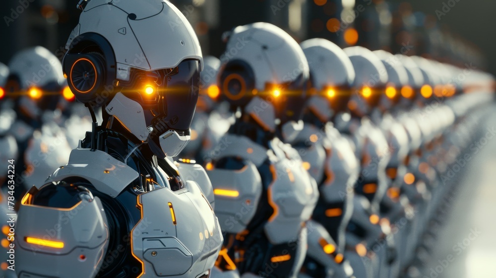 Fototapeta premium An army of robots with glowing orange eyes is lined up in formation