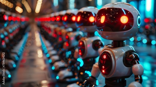 An army of robots is standing in a factory, ready to take over the world. photo
