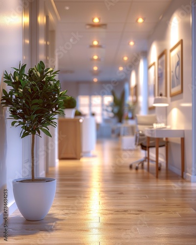 An empty office hallway with a potted plant in the foreground.