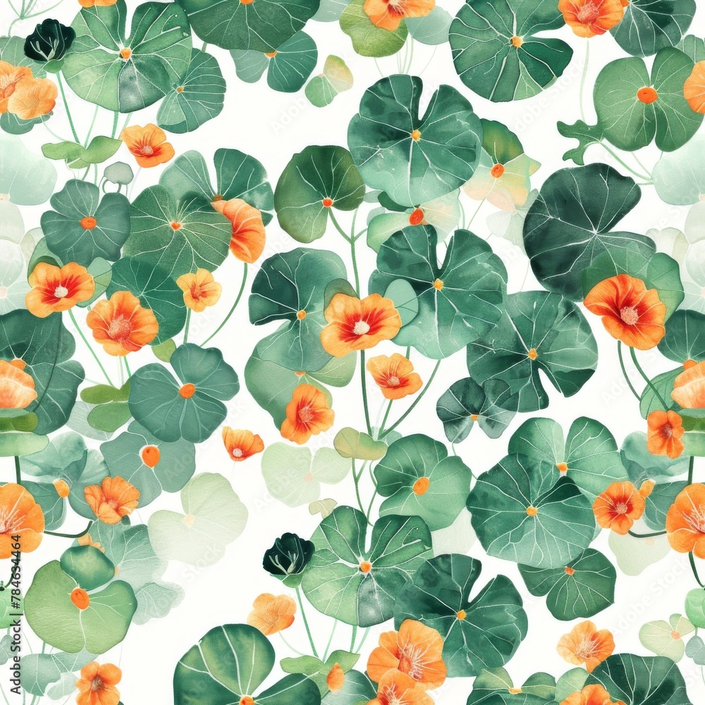Fototapeta premium Vibrant Nasturtium Pattern: Green Leaves and Orange Flowers