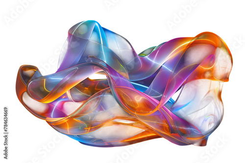 A glowing translucent sculpture of an abstract shape with swirling colors and curves