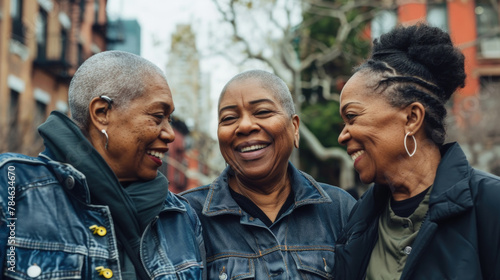 A trio of joyful elderly African American women share a light moment on an urban sidewalk, showcasing friendship and happiness photo
