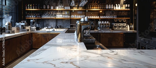 Marble countertops and brass fixtures reflect the elegance of Mediterranean barista cafes.