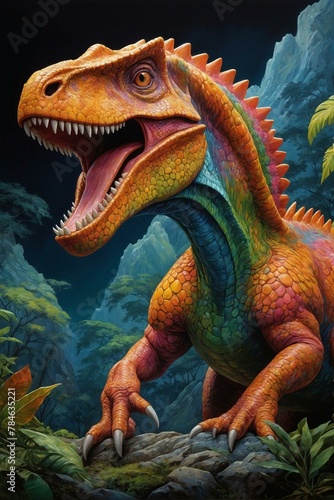 Vibrant and detailed illustration of a fearsome dinosaur in a lush jungle environment, invoking wonder © ArtistiKa