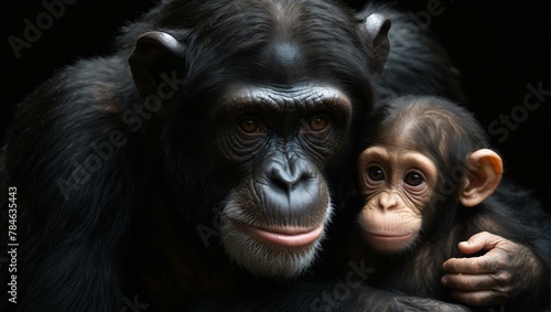 Intimate portrait of an adult chimpanzee cuddling with a younger one, showcasing a tender moment within the species © ArtistiKa