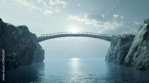 The bridge connects two high cliffs above the sea. Without people. Copy space. Monochrome. Concept of support, psychological help, hope in difficulties.