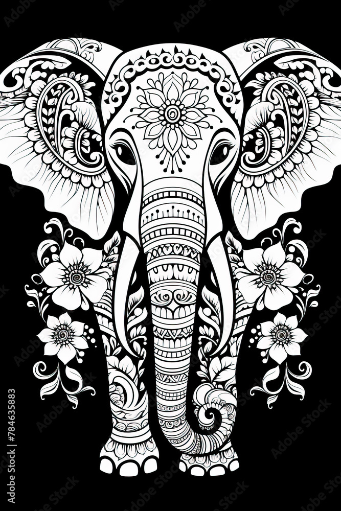 Obraz premium Black and white illustration for coloring animals, elephant.