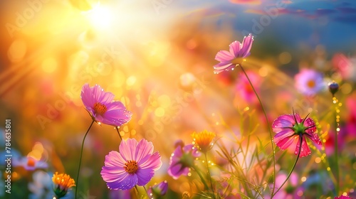 Beautiful colorful flowers in the field with a sunrise © rajagambar99