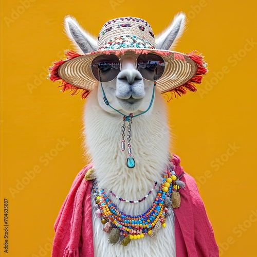 stylish llama in clothes, llama wearing a big sun hat and funny socks, funny character, around the neck jewelry many beaded necklaces 