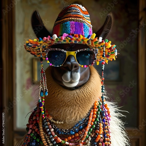 stylish llama in clothes, llama wearing a big sun hat and funny socks, funny character, around the neck jewelry many beaded necklaces 