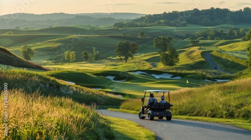 Golfers riding in a golf cart along a picturesque path, with rolling hills and manicured landscapes stretching out around them.